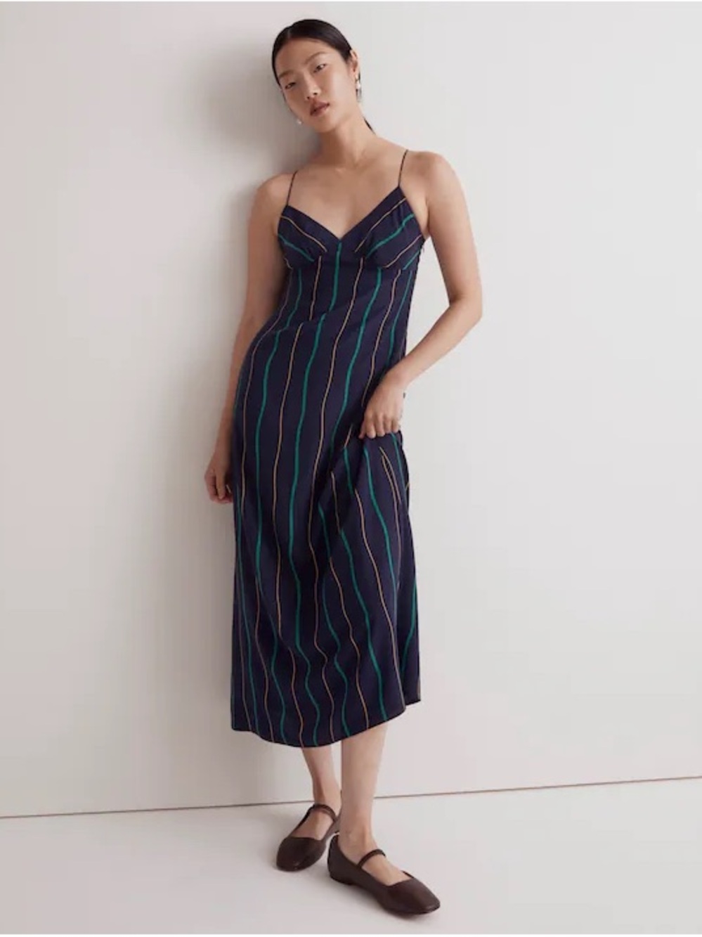 Madewell Layton Midi Slip Dress- Navy Vertical-Stripe